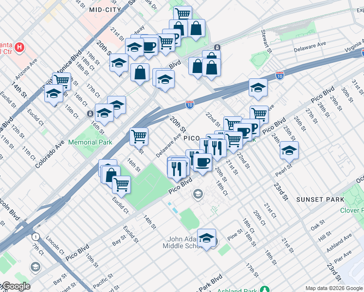 map of restaurants, bars, coffee shops, grocery stores, and more near 1843 19th Street in Santa Monica