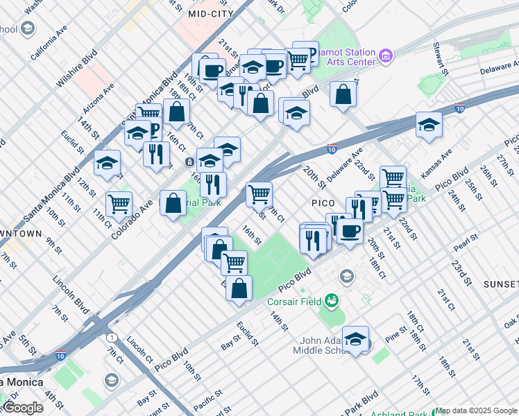 map of restaurants, bars, coffee shops, grocery stores, and more near 1748 18th Street in Santa Monica