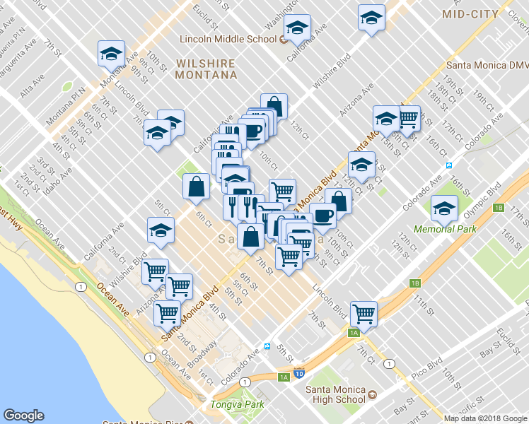 map of restaurants, bars, coffee shops, grocery stores, and more near 1321 9th Court in Santa Monica