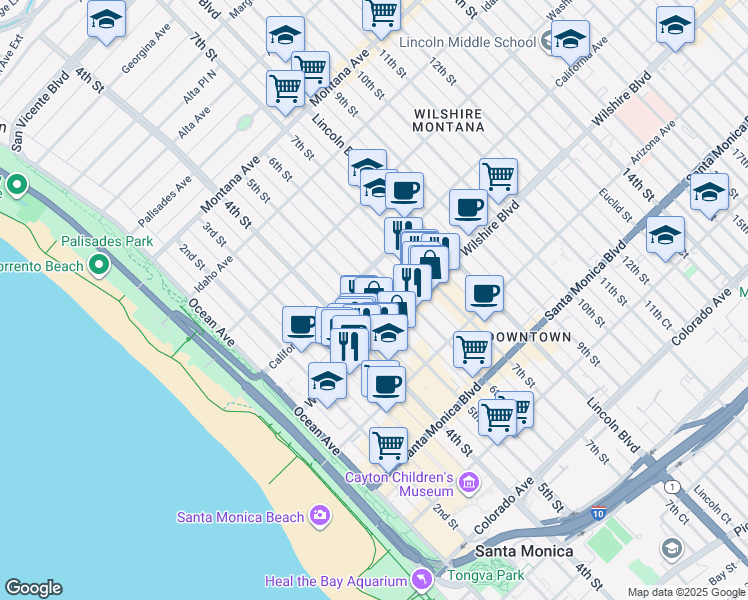 map of restaurants, bars, coffee shops, grocery stores, and more near 490 California Avenue in Santa Monica