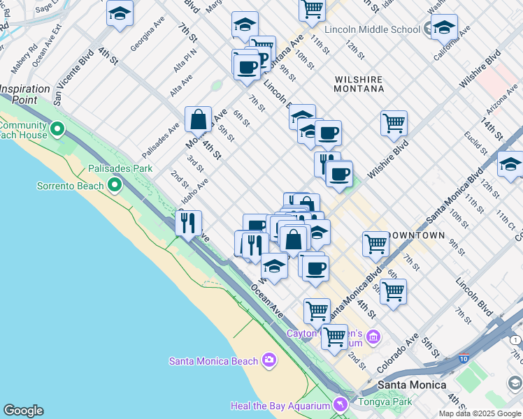 map of restaurants, bars, coffee shops, grocery stores, and more near 1002 4th Street in Santa Monica