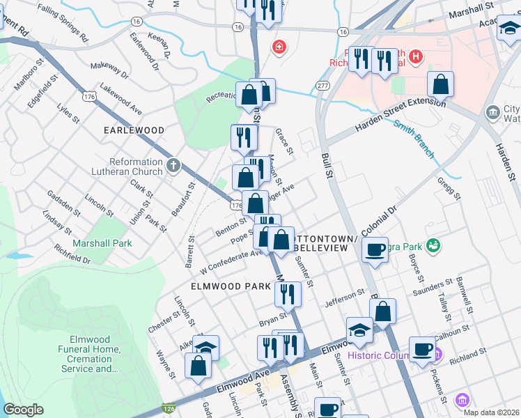 map of restaurants, bars, coffee shops, grocery stores, and more near 2720 Main Street in Columbia
