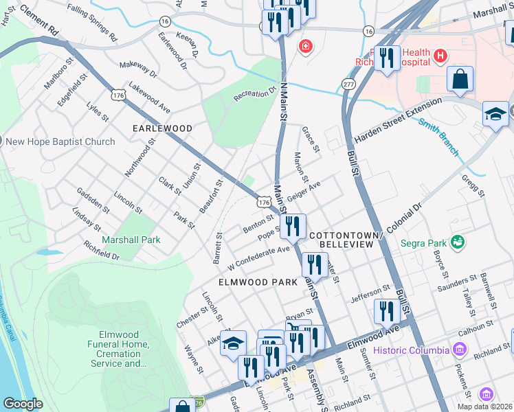 map of restaurants, bars, coffee shops, grocery stores, and more near 2650 River Dr in Columbia