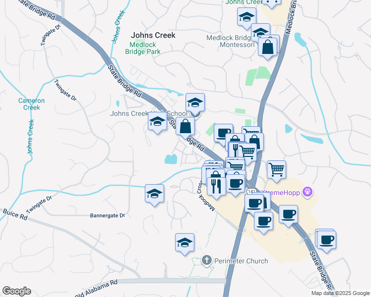map of restaurants, bars, coffee shops, grocery stores, and more near 9870 Murano View in Alpharetta