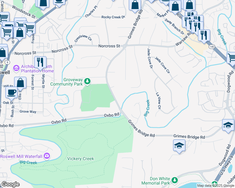 map of restaurants, bars, coffee shops, grocery stores, and more near 815 Grimes Bridge Road in Roswell