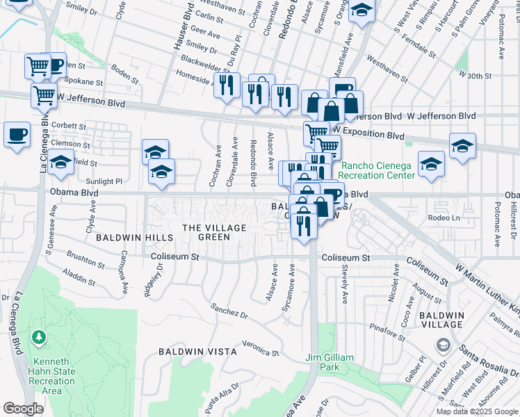 map of restaurants, bars, coffee shops, grocery stores, and more near 5175 Village Green in Los Angeles