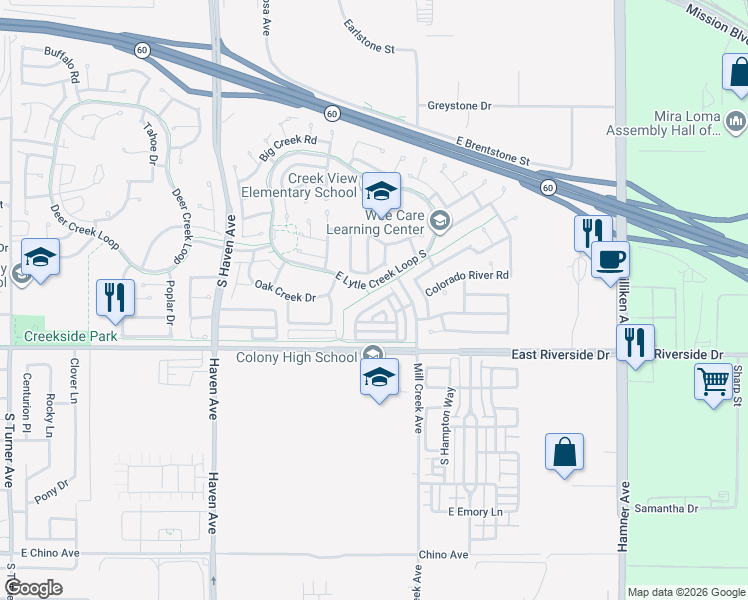 map of restaurants, bars, coffee shops, grocery stores, and more near 3727 Yuba River Drive in Ontario