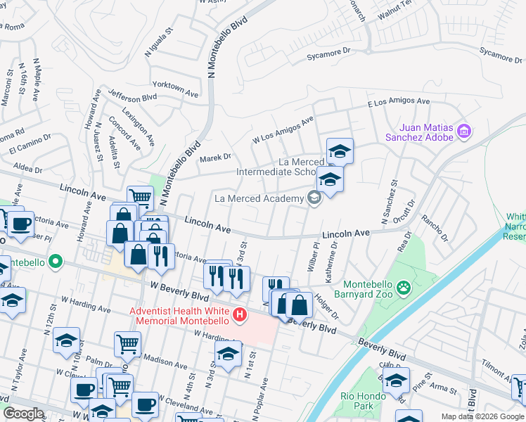 map of restaurants, bars, coffee shops, grocery stores, and more near 728 North 3rd Street in Montebello