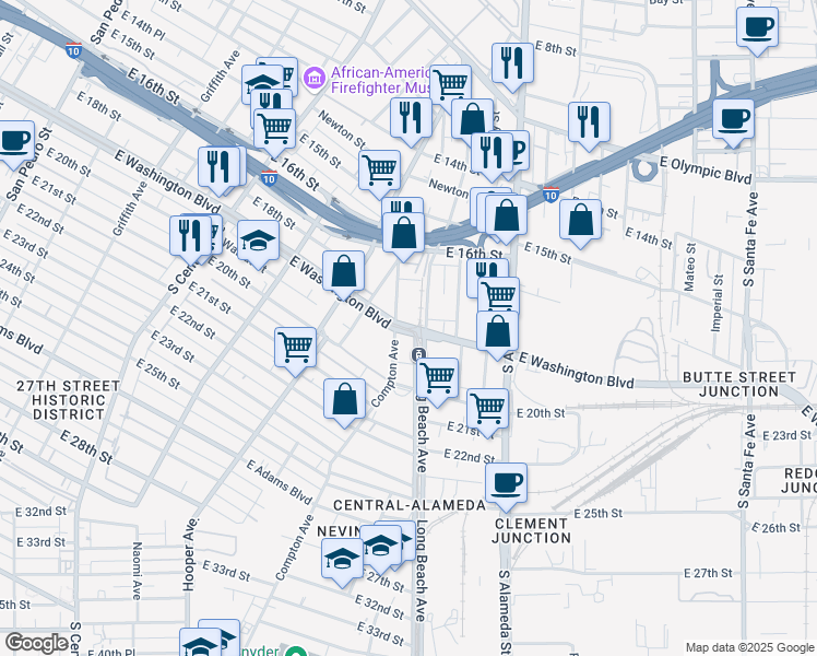 map of restaurants, bars, coffee shops, grocery stores, and more near 1637 East Washington Boulevard in Los Angeles