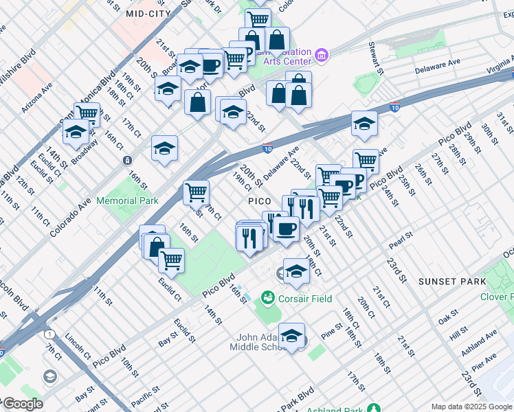 map of restaurants, bars, coffee shops, grocery stores, and more near 1843 19th Street in Santa Monica