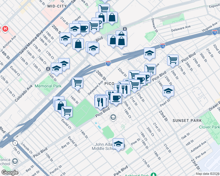 map of restaurants, bars, coffee shops, grocery stores, and more near 1944 20th Street in Santa Monica