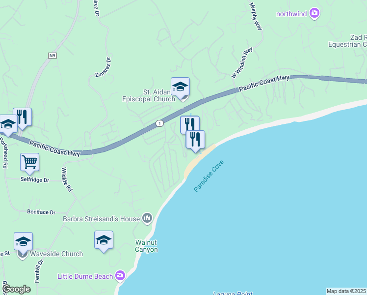 map of restaurants, bars, coffee shops, grocery stores, and more near 2 Paradise Cove Road in Malibu