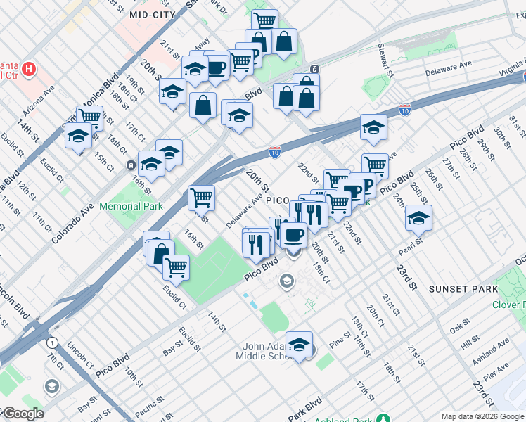 map of restaurants, bars, coffee shops, grocery stores, and more near 1843 19th Street in Santa Monica