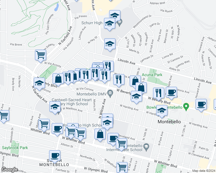 map of restaurants, bars, coffee shops, grocery stores, and more near 501 North Wilcox Avenue in Montebello