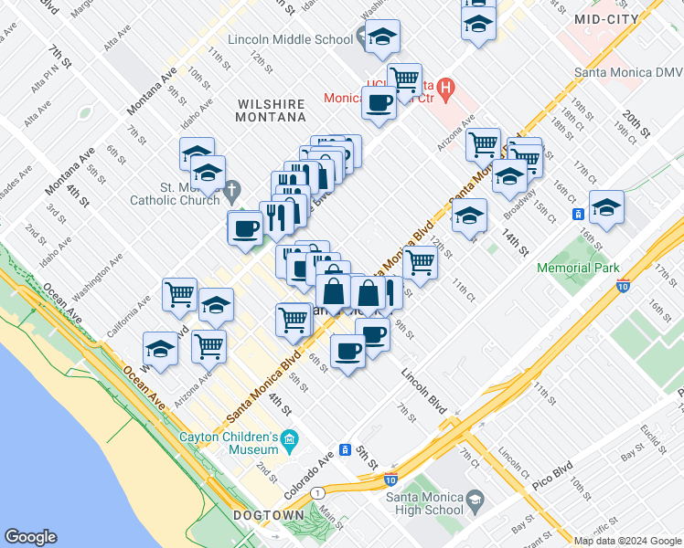 map of restaurants, bars, coffee shops, grocery stores, and more near 1328 9th Street in Santa Monica