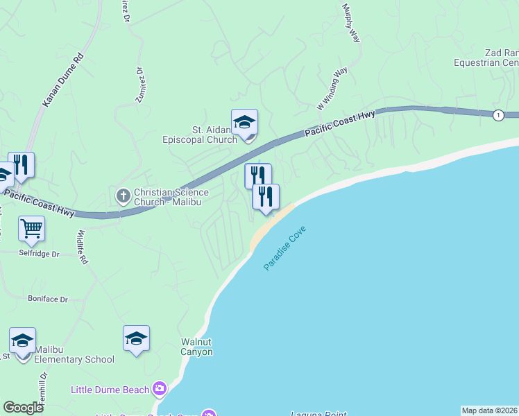map of restaurants, bars, coffee shops, grocery stores, and more near 28128 Pacific Coast Highway in Malibu