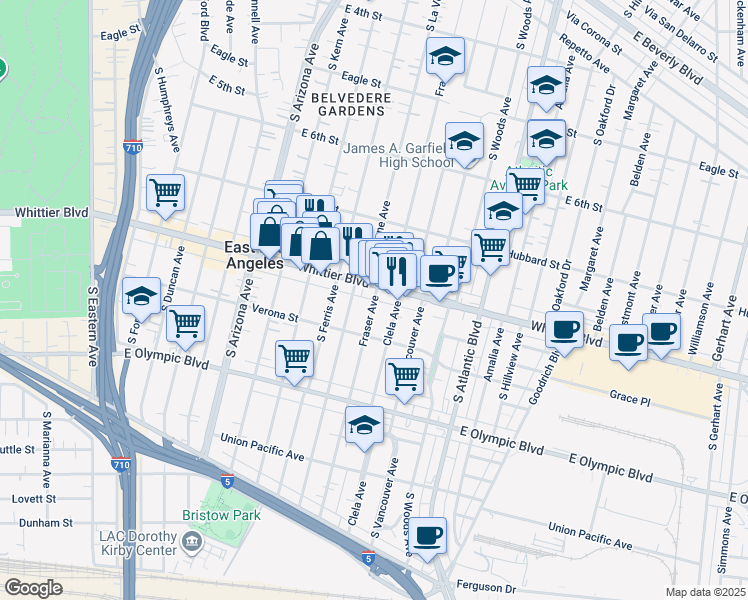 map of restaurants, bars, coffee shops, grocery stores, and more near 920 Fraser Avenue in East Los Angeles