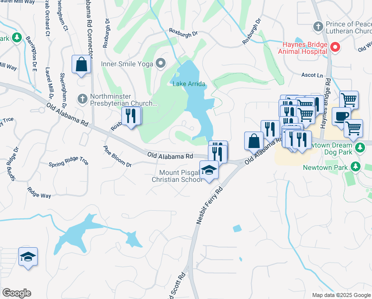 map of restaurants, bars, coffee shops, grocery stores, and more near 2664 Long Pointe in Roswell
