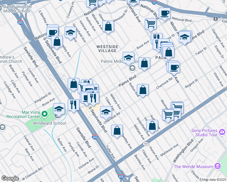 map of restaurants, bars, coffee shops, grocery stores, and more near 3467 Greenfield Avenue in Los Angeles