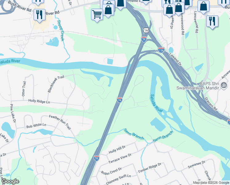 map of restaurants, bars, coffee shops, grocery stores, and more near 54 Holly Ridge Lane in West Columbia