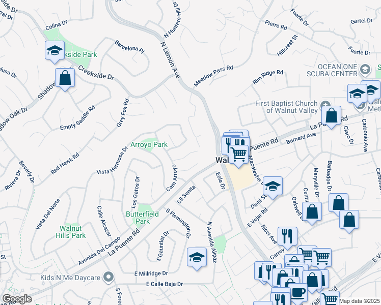 map of restaurants, bars, coffee shops, grocery stores, and more near 19873 Calle Granada in Walnut