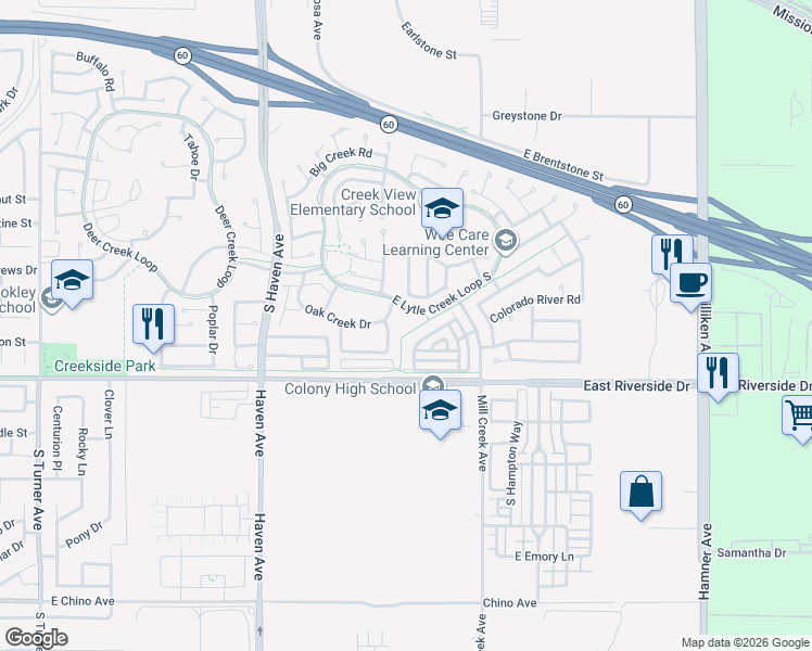 map of restaurants, bars, coffee shops, grocery stores, and more near 3718 Elk Creek Way in Ontario