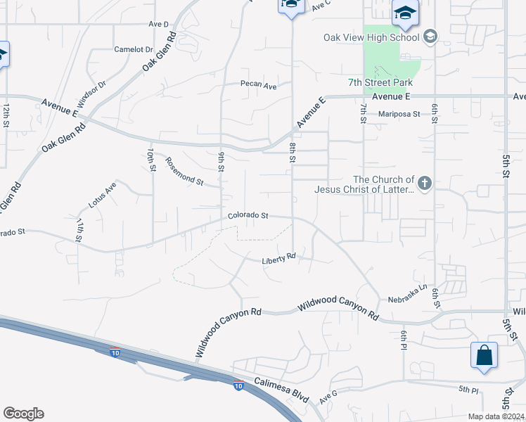 map of restaurants, bars, coffee shops, grocery stores, and more near 33622 Colorado Street in Yucaipa