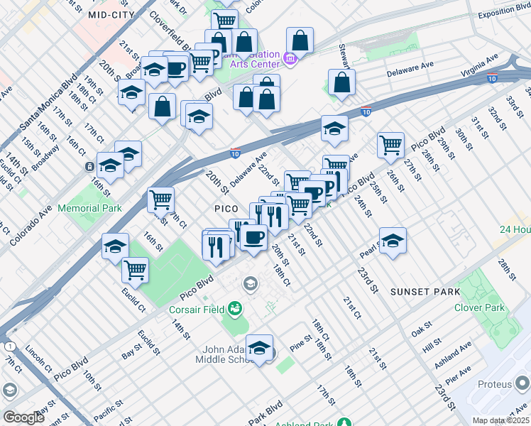 map of restaurants, bars, coffee shops, grocery stores, and more near 2035 Virginia Avenue in Santa Monica