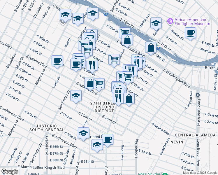 map of restaurants, bars, coffee shops, grocery stores, and more near 1145 East 24th Street in Los Angeles