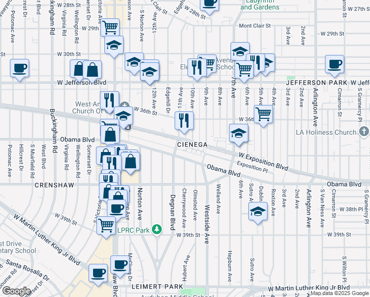map of restaurants, bars, coffee shops, grocery stores, and more near 2927 West Exposition Place in Los Angeles