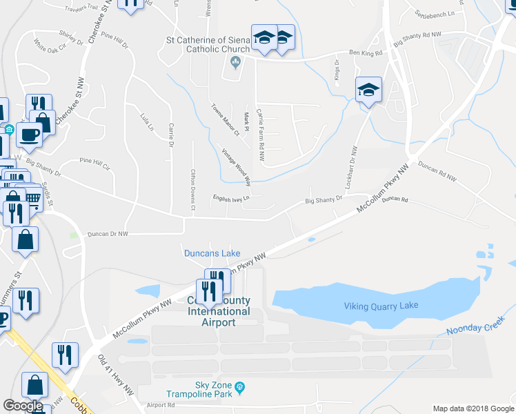 map of restaurants, bars, coffee shops, grocery stores, and more near 1610 Vinebrook Terrace in Kennesaw