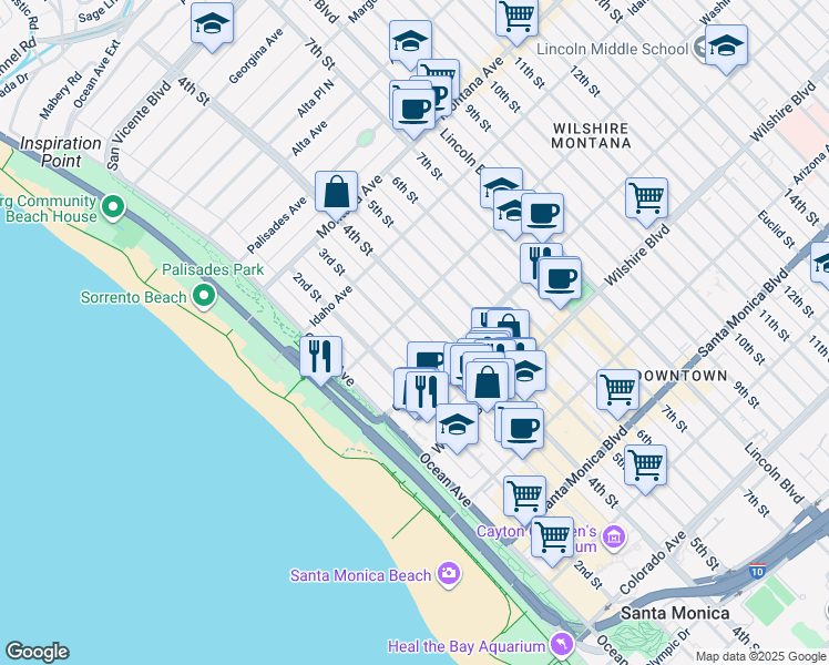 map of restaurants, bars, coffee shops, grocery stores, and more near 1002 4th Street in Santa Monica