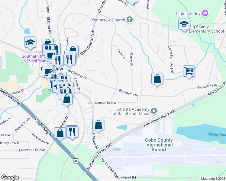 map of restaurants, bars, coffee shops, grocery stores, and more near 1915 Big Shanty Drive in Kennesaw
