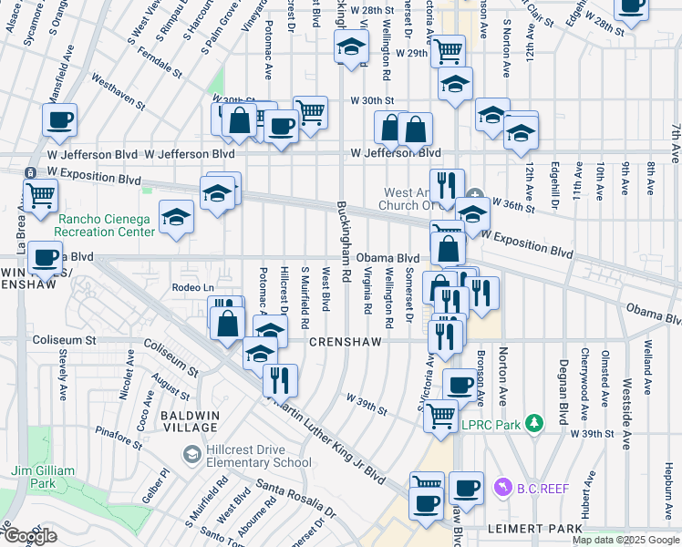 map of restaurants, bars, coffee shops, grocery stores, and more near 3667 Buckingham Road in Los Angeles