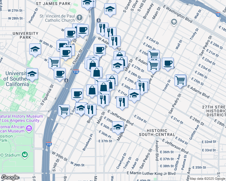 map of restaurants, bars, coffee shops, grocery stores, and more near 3020 South Broadway in Los Angeles