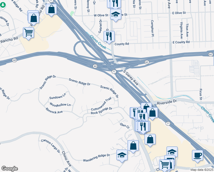 map of restaurants, bars, coffee shops, grocery stores, and more near 12880 Rock Crest Lane in Chino Hills