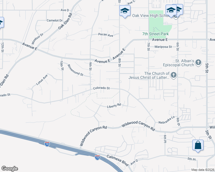 map of restaurants, bars, coffee shops, grocery stores, and more near 33622 Colorado Street in Yucaipa