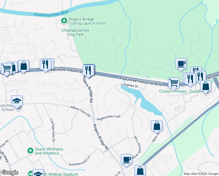 map of restaurants, bars, coffee shops, grocery stores, and more near 4105 Longlake Drive in Duluth