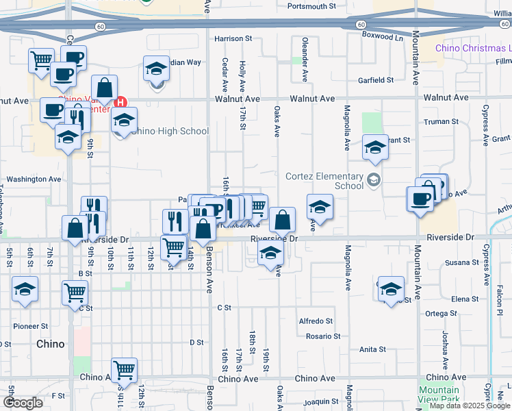 map of restaurants, bars, coffee shops, grocery stores, and more near 12767 17th Street in Chino