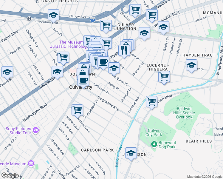 map of restaurants, bars, coffee shops, grocery stores, and more near 4133 Irving Place in Culver City