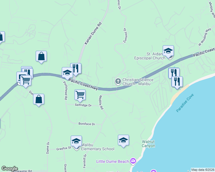 map of restaurants, bars, coffee shops, grocery stores, and more near 28711 California 1 in Malibu