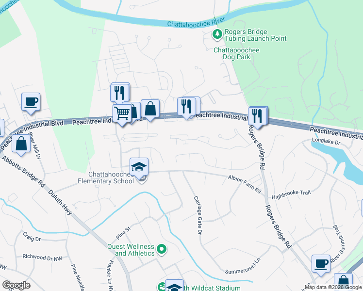 map of restaurants, bars, coffee shops, grocery stores, and more near 2950 Olde Towne Parkway in Duluth