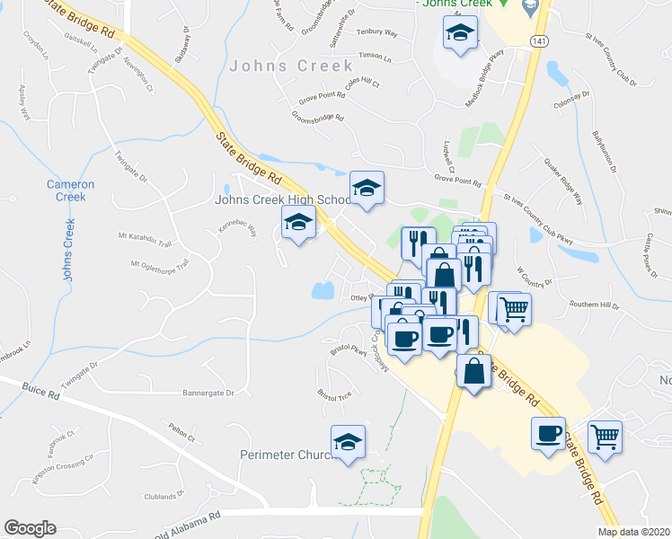 map of restaurants, bars, coffee shops, grocery stores, and more near 9839 Murano View in Johns Creek