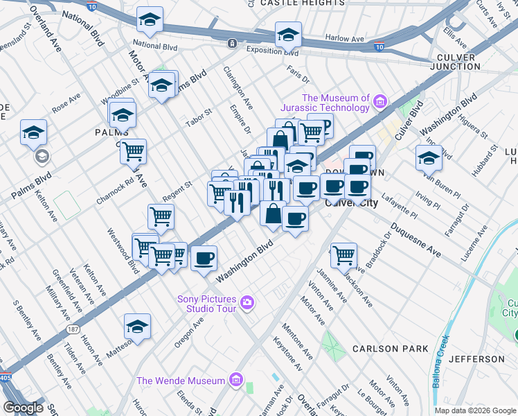 map of restaurants, bars, coffee shops, grocery stores, and more near 10221 Venice Boulevard in Los Angeles