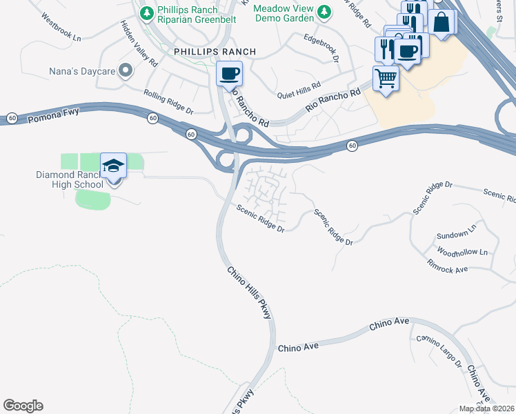 map of restaurants, bars, coffee shops, grocery stores, and more near 2 Saddlewood Lane in Pomona