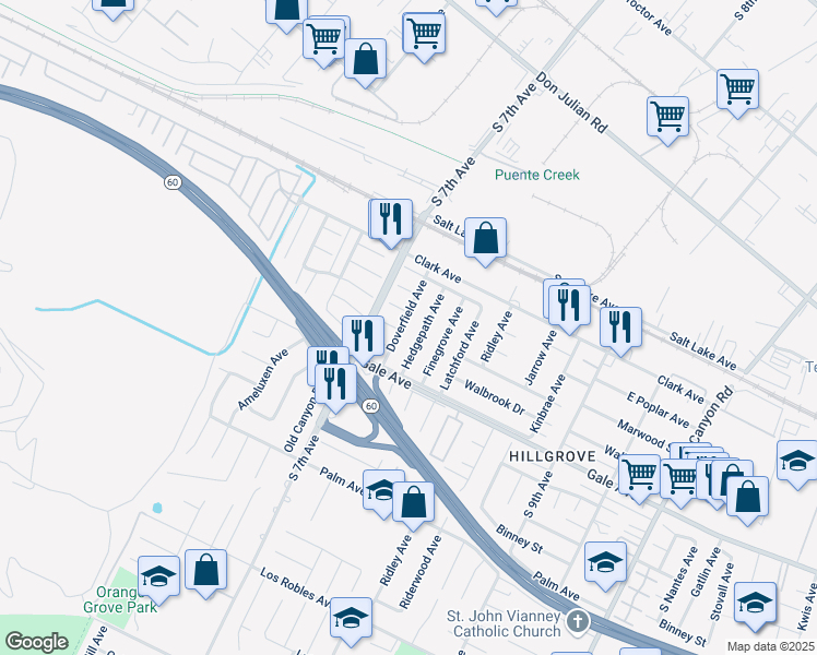map of restaurants, bars, coffee shops, grocery stores, and more near 950 Doverfield Avenue in Hacienda Heights