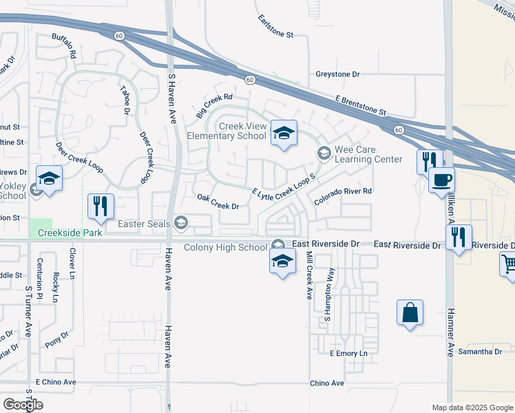 map of restaurants, bars, coffee shops, grocery stores, and more near 3718 Elk Creek Way in Ontario