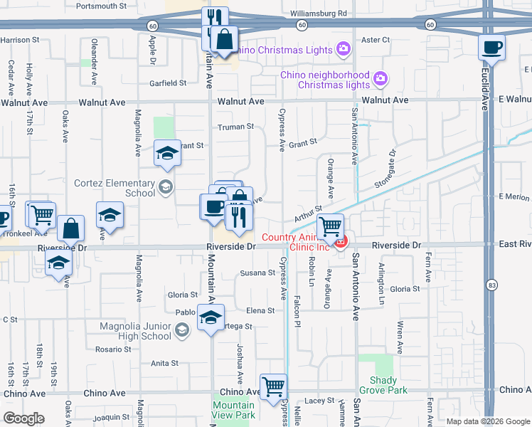 map of restaurants, bars, coffee shops, grocery stores, and more near 6450 Arthur Street in Chino
