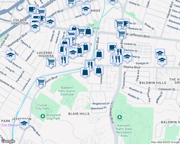 map of restaurants, bars, coffee shops, grocery stores, and more near 6001 Jefferson Boulevard in Culver City