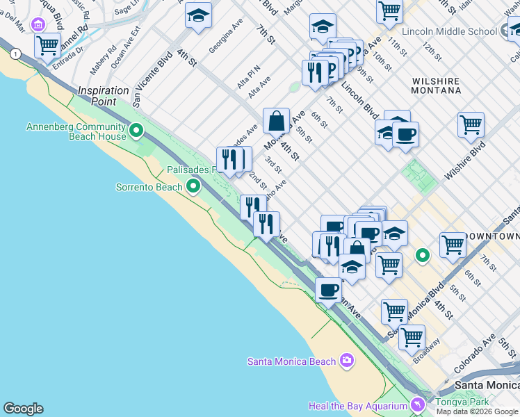 map of restaurants, bars, coffee shops, grocery stores, and more near 849 Ocean Avenue in Santa Monica